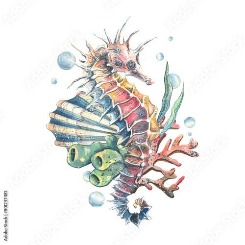Photography Seahorse, coral, sea sponge, algae and bubbles