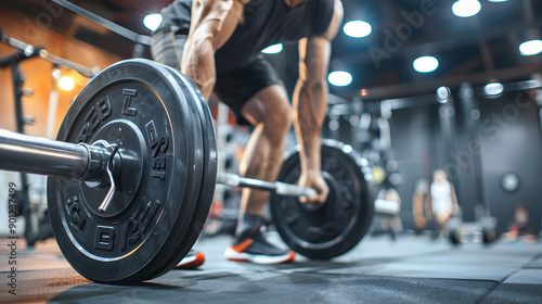 A man prepares to deadlift a heavy barbell in a modern gym, demonstrating strength and focus. The image captures the intensity and dedication involved in weightlifting.