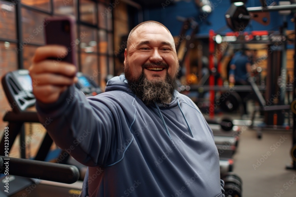 Active lifestyle, loosing weight, getting fit. Happy obese overweight man making selfie at the gym Active lifestyle, loosing weight, getting fit. Happy obese overweight man making selfie at the gym