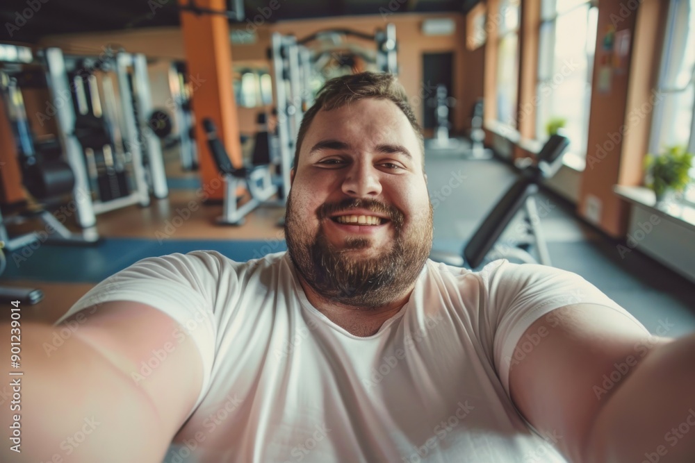 Obraz premium Active lifestyle, loosing weight, getting fit. Happy obese overweight man making selfie at the gym
