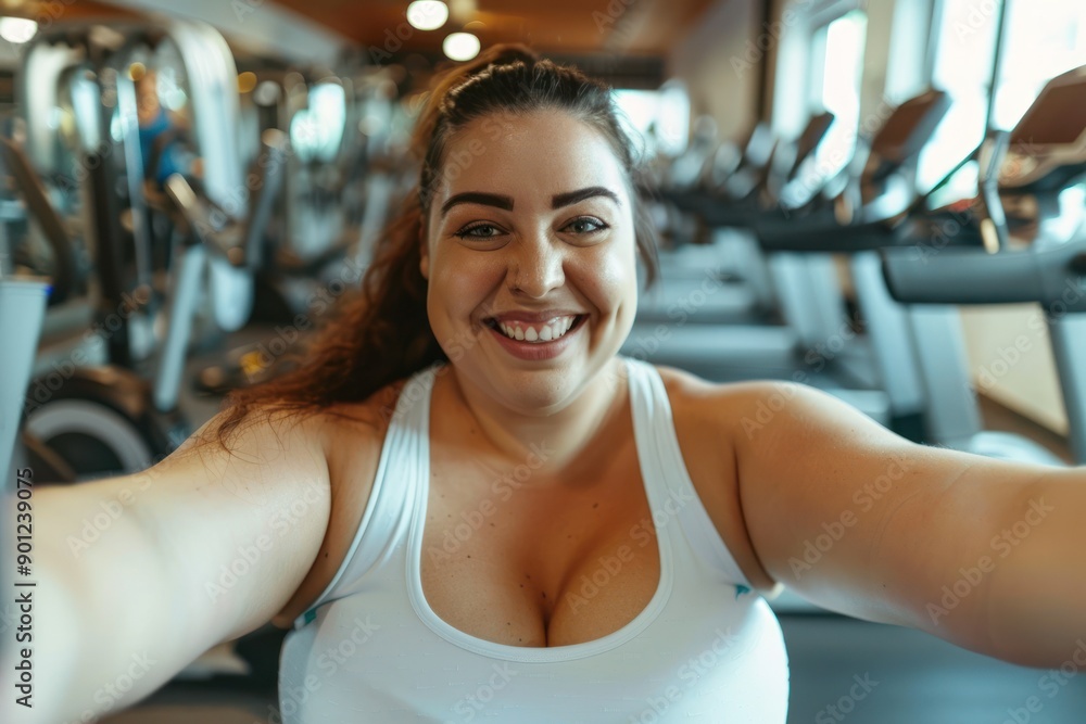 Fototapeta premium Active lifestyle, loosing weight, healthy habits concept. Happy obese overweight woman making selfie at the gym