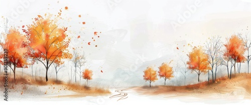 Autumn Trees and Birds in Misty Forest