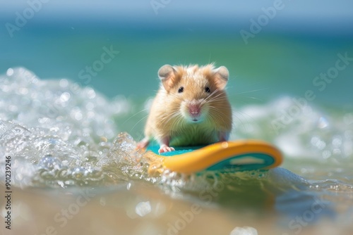 Adorable hamster surving on tropical beach waves photo