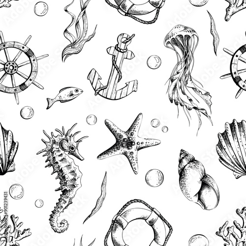 Marine life, steering wheel, anchor and lifebuoy. Illustration of graphic line art in black and white, hand drawn. Seamless pattern for the design of fabrics, wallpaper