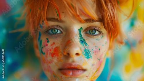 Portrait of an attractive woman with short red hair with colorful paint splashed all over her face.