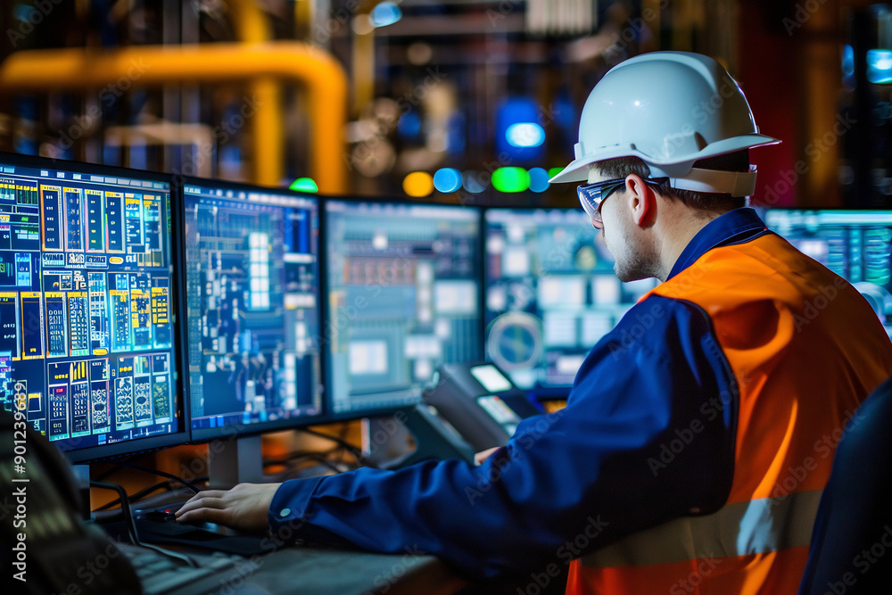 Engineer wearing a safety helmet and glasses monitoring multiple screens in a control room, focused on industrial system operations Engineer wearing a safety helmet and glasses monitoring multiple screens in a control room, focused on industrial system operations