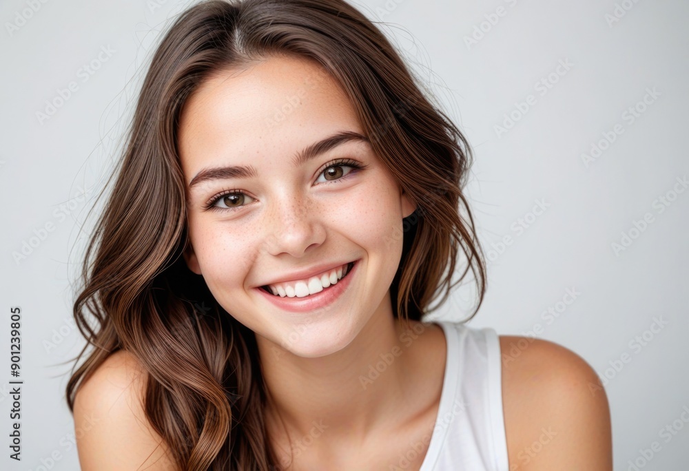 Closeup headshot of smiling brunette teen with perfect skin and bright eyes Closeup headshot of smiling brunette teen with perfect skin and bright eyes