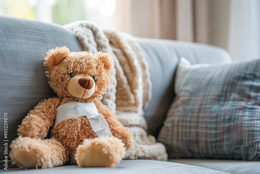 an injured teddy bear with bandages on sofa home bright room an injured teddy bear with bandages on sofa home bright room