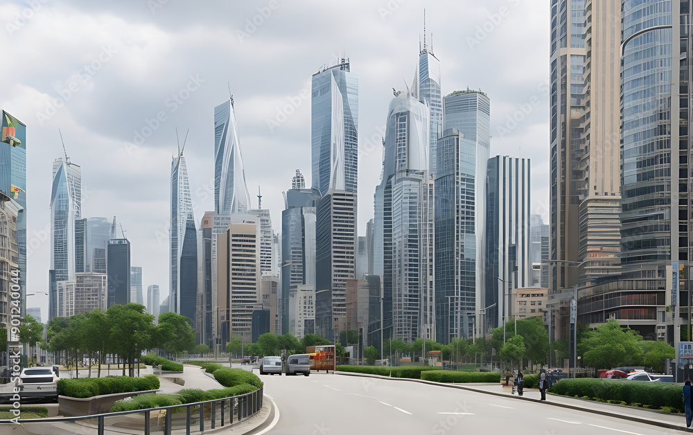Obraz premium The street is busy with pedestrians and vehicles, showcasing city life.