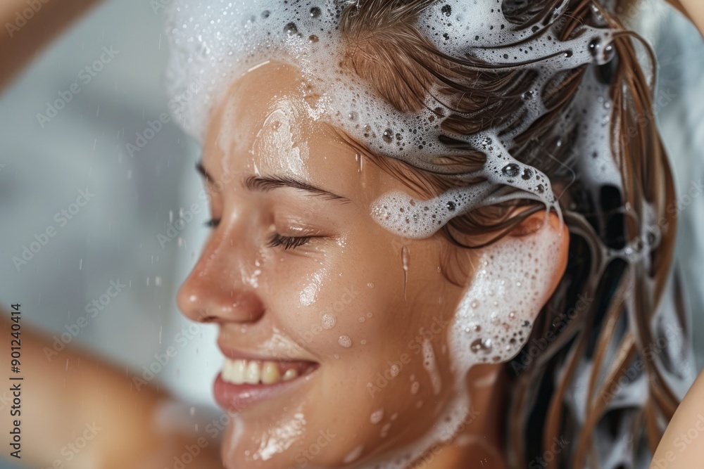 Attractive Young Woman Shampooing Her Hair Attractive Young Woman Shampooing Her Hair