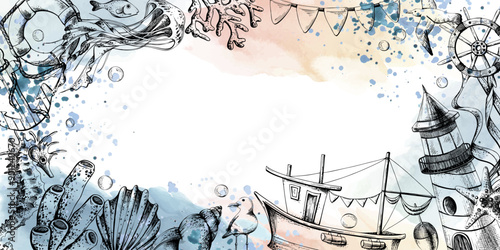 Lighthouse, boat and sea animals with paint spots and splashes. Illustration of graphic line art in black and white, hand drawn.. Frame for registration and design of cards, posters, invitations.