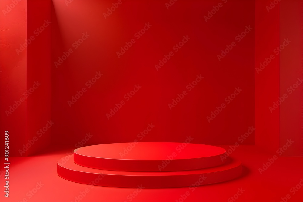 Red podium on red background for product presentation, empty space for text or logo Red podium on red background for product presentation, empty space for text or logo