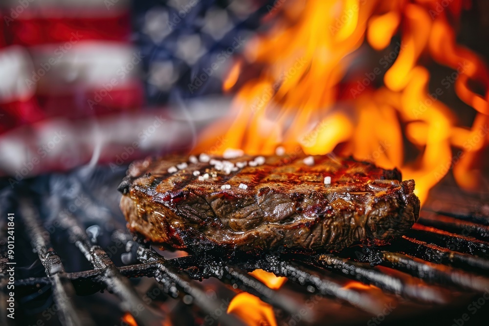 beef ribeye steak grilling on flaming grill during 4th of july beef ribeye steak grilling on flaming grill during 4th of july
