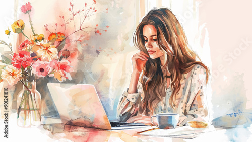 Beautiful Girl Sitting at Desk with Laptop, Cup of Coffee, Vase of Flowers Watercolor Illustration Background Feminine Workspace Lifestyle Floral Decor