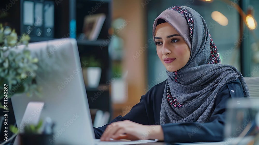An Arab female executive engages in a video call with international colleagues from a sleek and modern workspace showcasing advanced office technology and a professional environment
An Arab female executive engages in a video call with international colleagues from a sleek and modern workspace showcasing advanced office technology and a professional environment