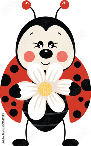 Funny ladybug with a flower daisy