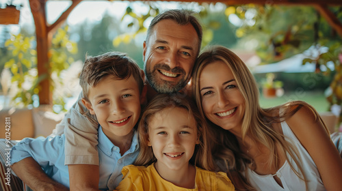 Friendly happy family in summer cozy gazebo
