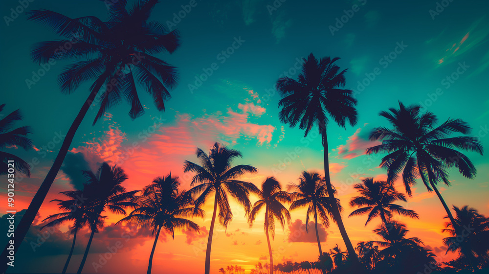 Against the backdrop of a setting sun in shades of orange and green, or blue, you can see silhouettes of palm trees. This tropical landscape brings to mind a vacation on a paradise island.
Against the backdrop of a setting sun in shades of orange and green, or blue, you can see silhouettes of palm trees. This tropical landscape brings to mind a vacation on a paradise island.
