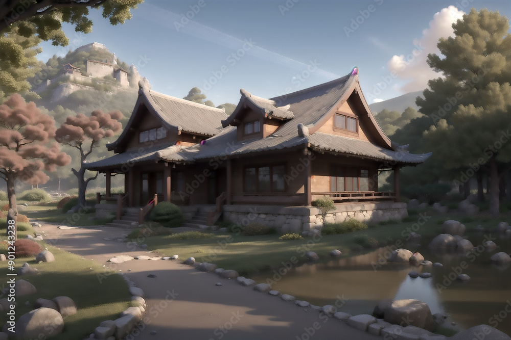 An illustration of an ancient old house with a dominant color of sepia, a Chinese building made of wood has a very natural feel An illustration of an ancient old house with a dominant color of sepia, a Chinese building made of wood has a very natural feel