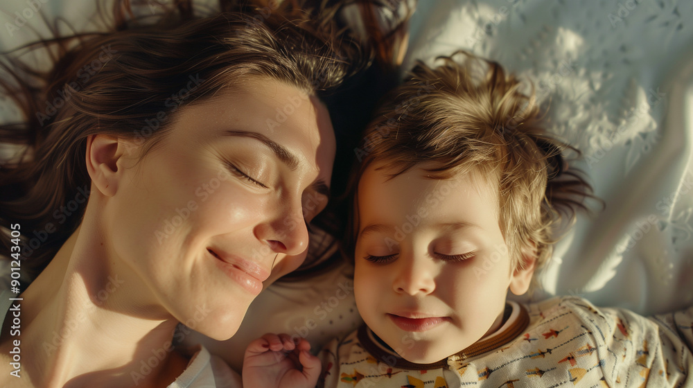 Top-down perspective showing a young mother with brown hair lying on a bed next to her infant son.
Top-down perspective showing a young mother with brown hair lying on a bed next to her infant son.