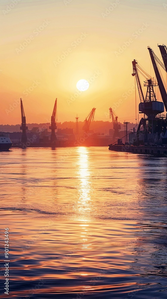Fototapeta premium Cargo ships in the port at sunset. Industrial landscape, panoramic view. 3D rendering.