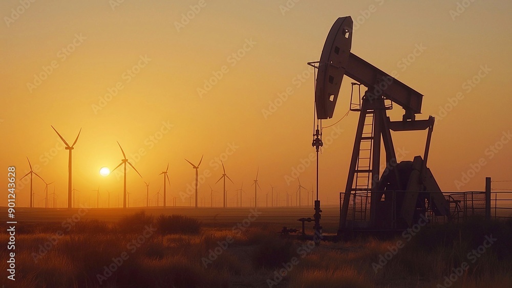 Oil pump in a field at sunset with wind turbines in the background, silhouettes Oil pump in a field at sunset with wind turbines in the background, silhouettes