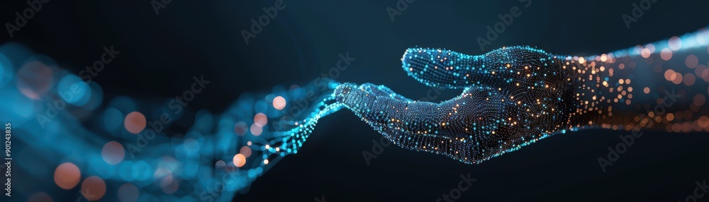 A futuristic hand reaching out, surrounded by luminous sparks and digital particles, symbolizing connection and technology. A futuristic hand reaching out, surrounded by luminous sparks and digital particles, symbolizing connection and technology.