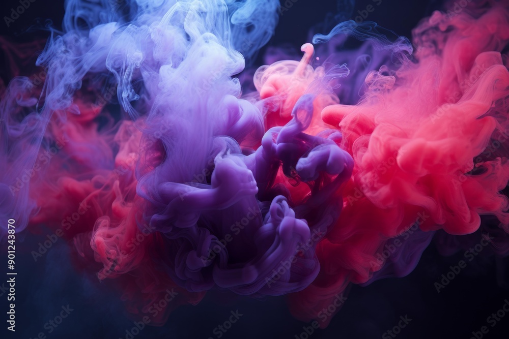 Vibrant red and purple smoke intertwining in a mesmerizing dance against a dark backdrop Vibrant red and purple smoke intertwining in a mesmerizing dance against a dark backdrop