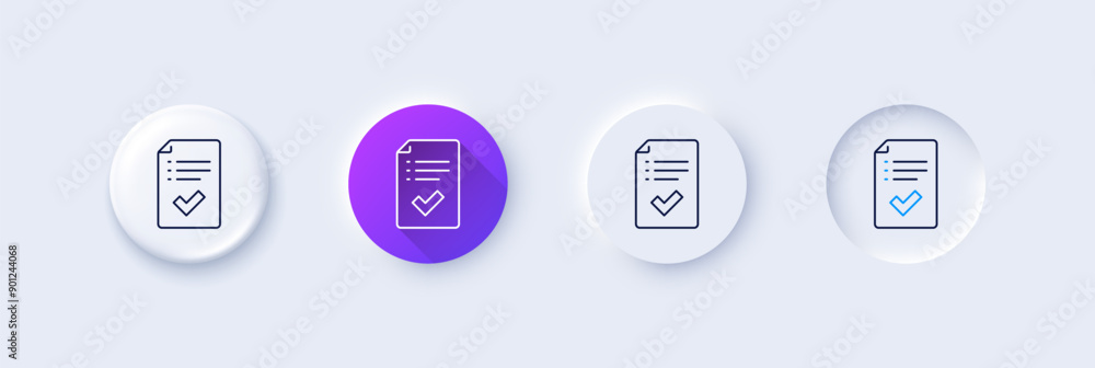 Approved checklist line icon. Neumorphic, Purple gradient, 3d pin buttons. Accepted or confirmed sign. Report symbol. Line icons. Neumorphic buttons with outline signs. Vector Approved checklist line icon. Neumorphic, Purple gradient, 3d pin buttons. Accepted or confirmed sign. Report symbol. Line icons. Neumorphic buttons with outline signs. Vector