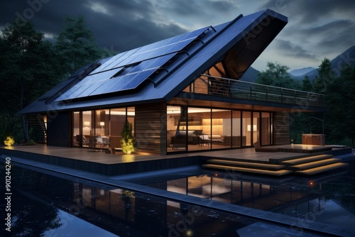 Wallpaper Mural Sustainable luxury home with solar panel roof amidst nature during evening hours Torontodigital.ca