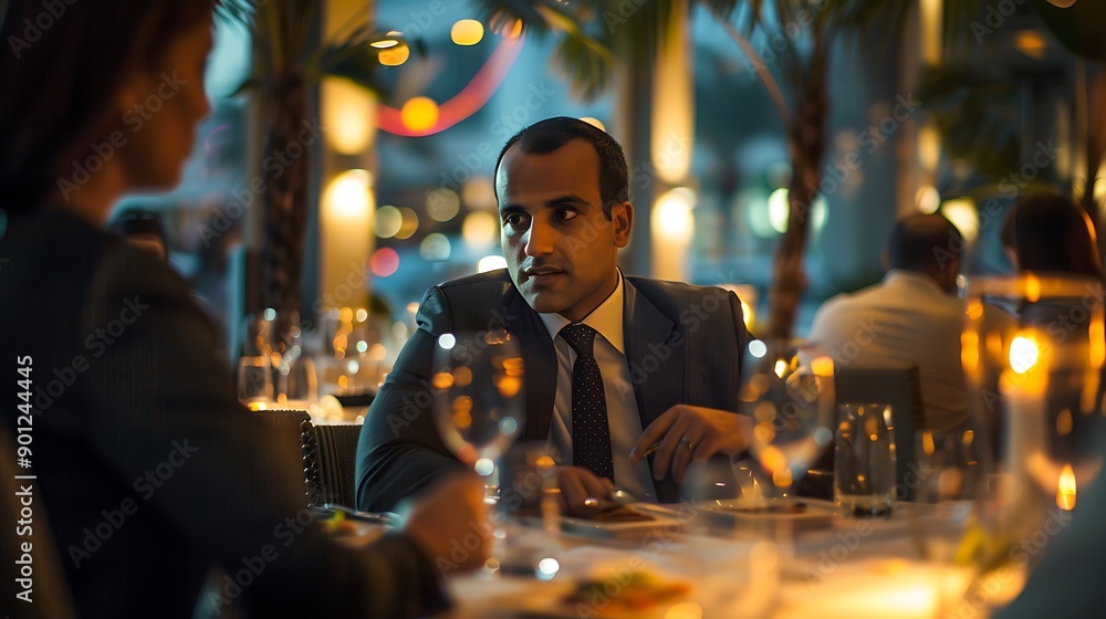 Arab businessman in a suit enjoying a dinner meeting at a sophisticated restaurant while discussing business strategies with colleagues in a refined and professional setting Arab businessman in a suit enjoying a dinner meeting at a sophisticated restaurant while discussing business strategies with colleagues in a refined and professional setting
