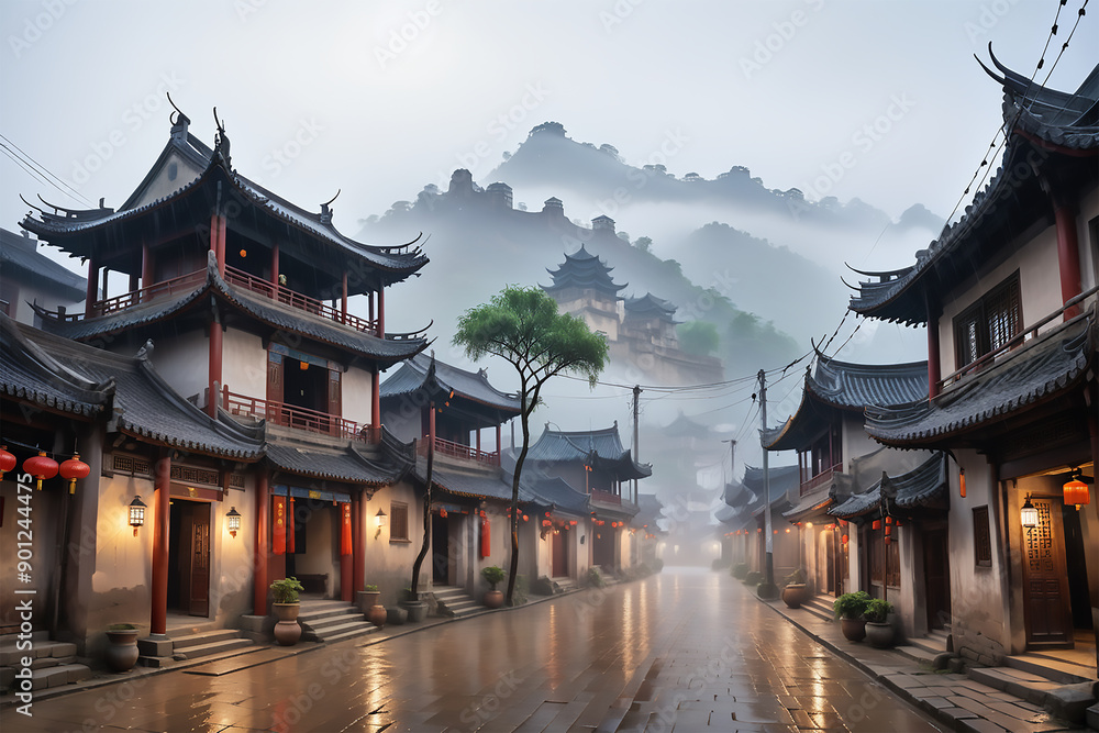 Landscape illustration of Chinese nuanced buildings with interesting natural surroundings Landscape illustration of Chinese nuanced buildings with interesting natural surroundings