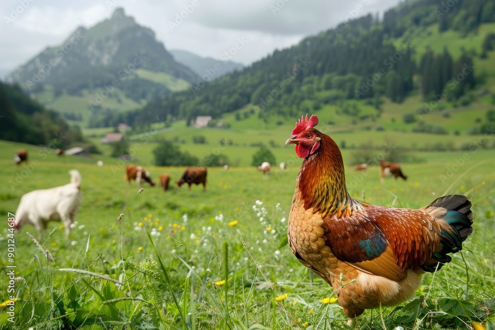 Fototapeta premium chicken in a green meadow with cows grazing in the background