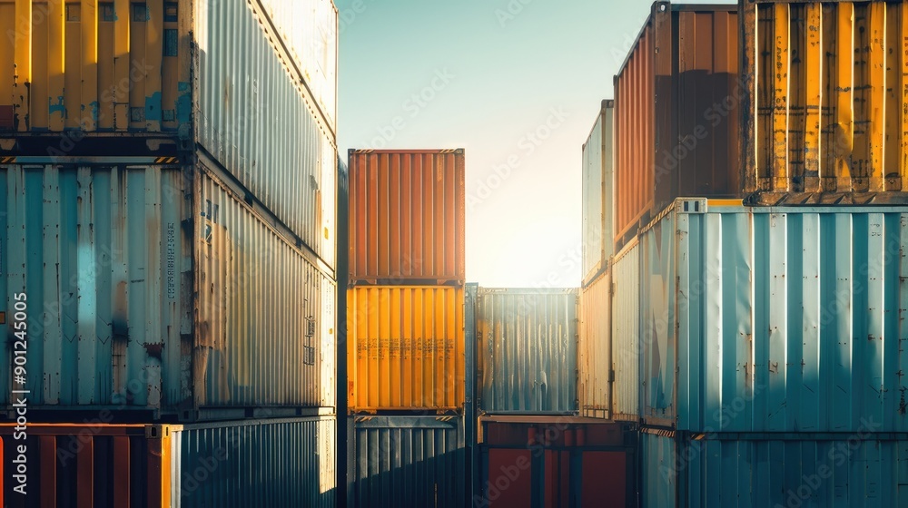 Fototapeta premium Dramatic industrial scene of stacked shipping containers under a clear sky, sunlight highlighting metallic textures and scale