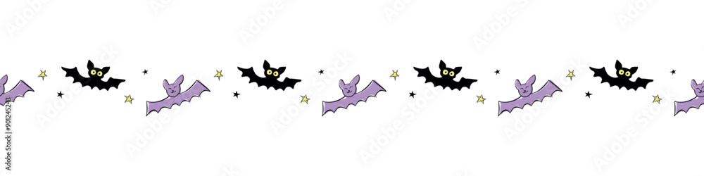 Fototapeta premium Edging, ribbon, border with flying bats, stars. Vector seamless pattern, divider, ornament, decorative element, decoration for Halloween in hand drawn, flat style isolated.