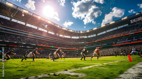 Football players in action on a sunlit stadium field during a daytime game. The bright sun and scattered clouds create a dramatic backdrop.