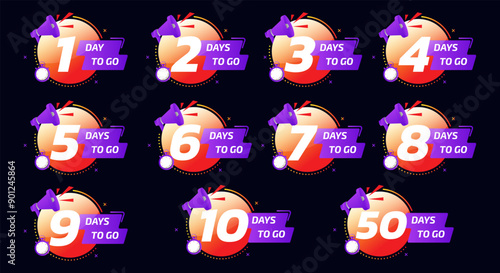 Days To Go Countdown banner template design. 1,2,3,4,5,6,7,8,9,10,20 days left countdown icon. vector 