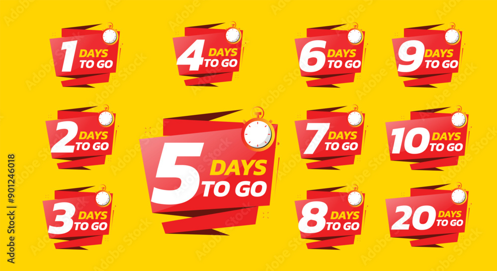 Days To Go Countdown banner template design. 1,2,3,4,5,6,7,8,9,10,20 days left countdown icon. vector Days To Go Countdown banner template design. 1,2,3,4,5,6,7,8,9,10,20 days left countdown icon. vector