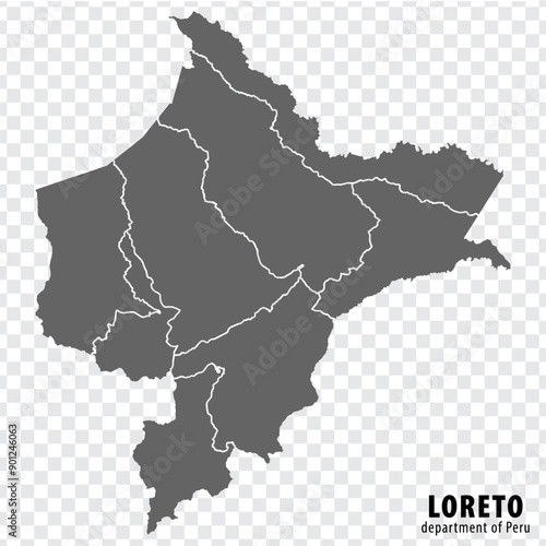 Blank map Department Loreto of Peru. High quality map Department  of Loreto with districts on transparent background for your web site design, logo, app, UI.  Republic of Peru.  EPS10.