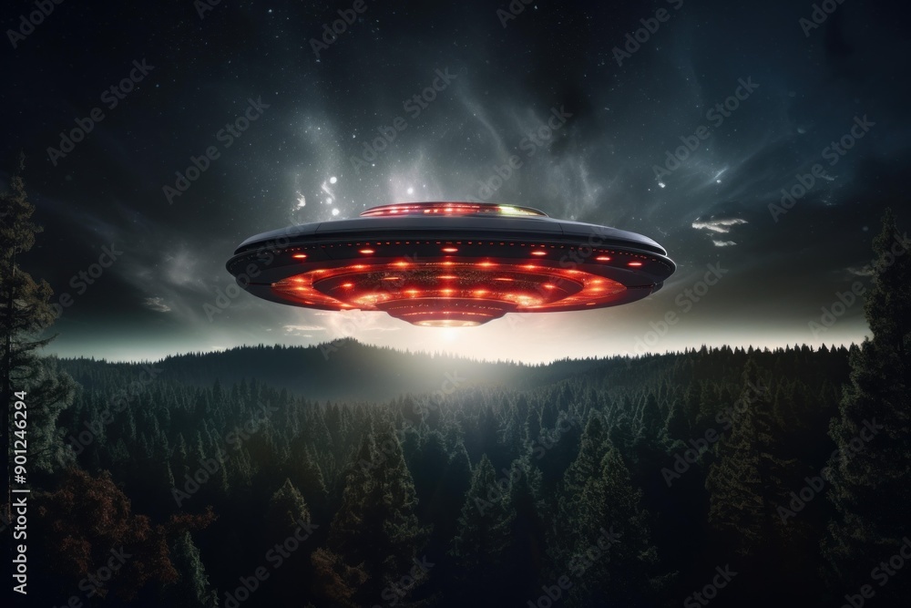 Obraz premium Striking depiction of a large alien spacecraft hovering over a dark, pine forest under starry skies