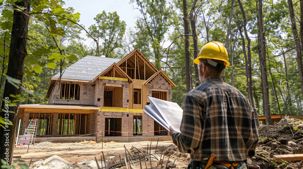 Construction worker with yellow hard hat reviewing blueprints in front of a brick house under construction, surrounded by forested area Construction worker with yellow hard hat reviewing blueprints in front of a brick house under construction, surrounded by forested area