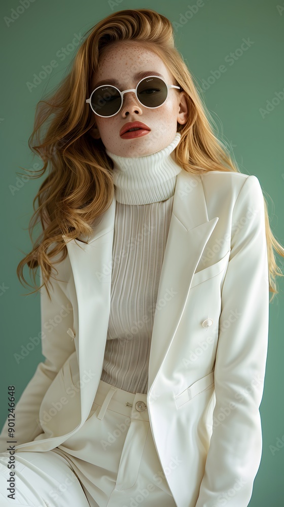 Elegant Fashion Portrait of a Model in a White Suit and Sunglasses Elegant Fashion Portrait of a Model in a White Suit and Sunglasses