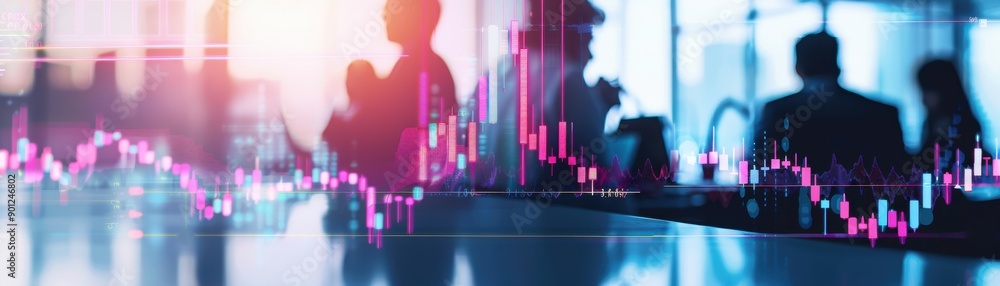 Fototapeta premium A modern office environment with silhouettes of professionals and financial charts, representing business growth and teamwork.