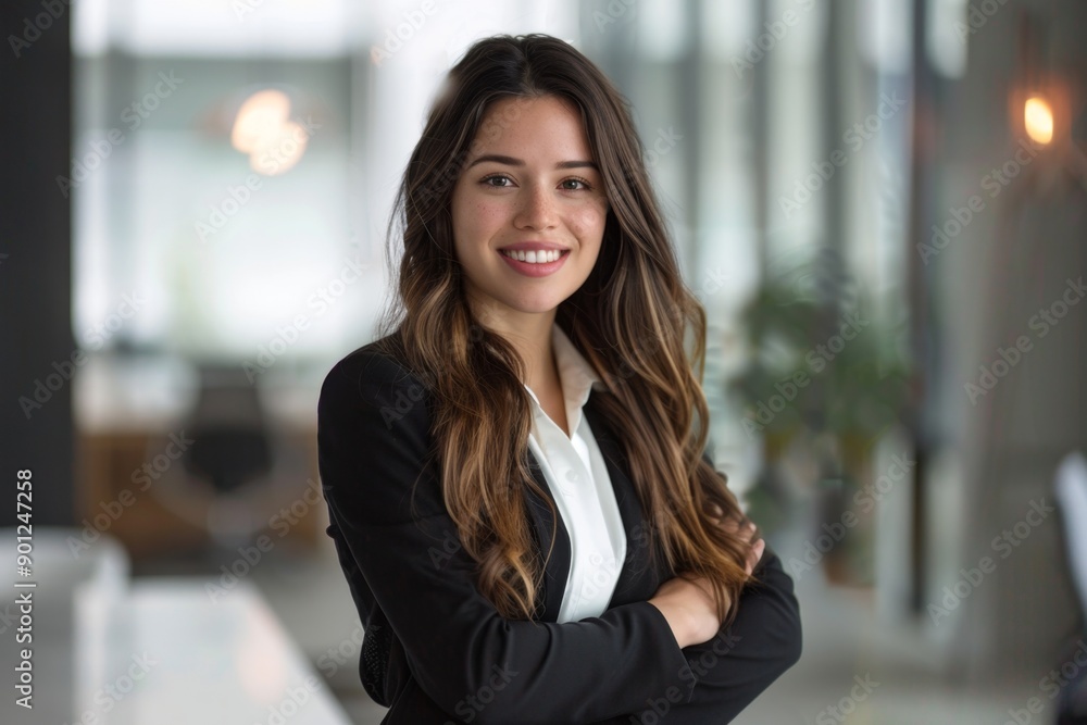 Confident young businesswoman in an office setting. She is wearing a black blazer and white shirt. Ideal for professional and corporate use, business presentations, or advertisements. Generative AI Confident young businesswoman in an office setting. She is wearing a black blazer and white shirt. Ideal for professional and corporate use, business presentations, or advertisements. Generative AI