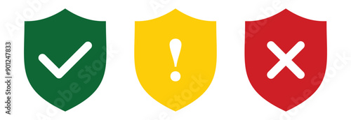 safe caution and unsafe icon set. green yellow and red  shield with tick cross and caution sign. warning label for app, website. transparent png and vector illustration.