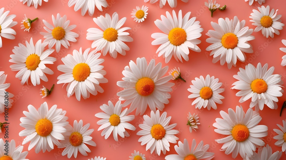 A Vibrant Display of Daisies on a Coral Background A Vibrant Display of Daisies on a Coral Background