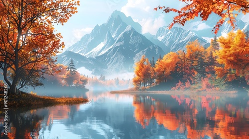 Serene autumn landscape with a mountain lake reflecting colorful foliage.
