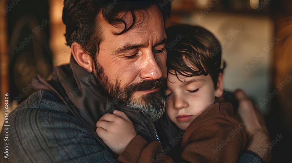 Intimate close-up of a bearded man hugging his young son, both showing gentle expressions in a cozy indoor setting Intimate close-up of a bearded man hugging his young son, both showing gentle expressions in a cozy indoor setting