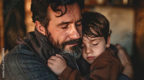 Intimate close-up of a bearded man hugging his young son, both showing gentle expressions in a cozy indoor setting