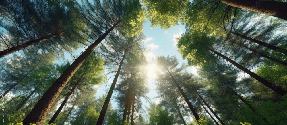 Naklejka premium Seen from under parallel pine trees, in the forest the trees are illuminated by the sun, light comes in from the gaps in the green tree leaves, blue light, green